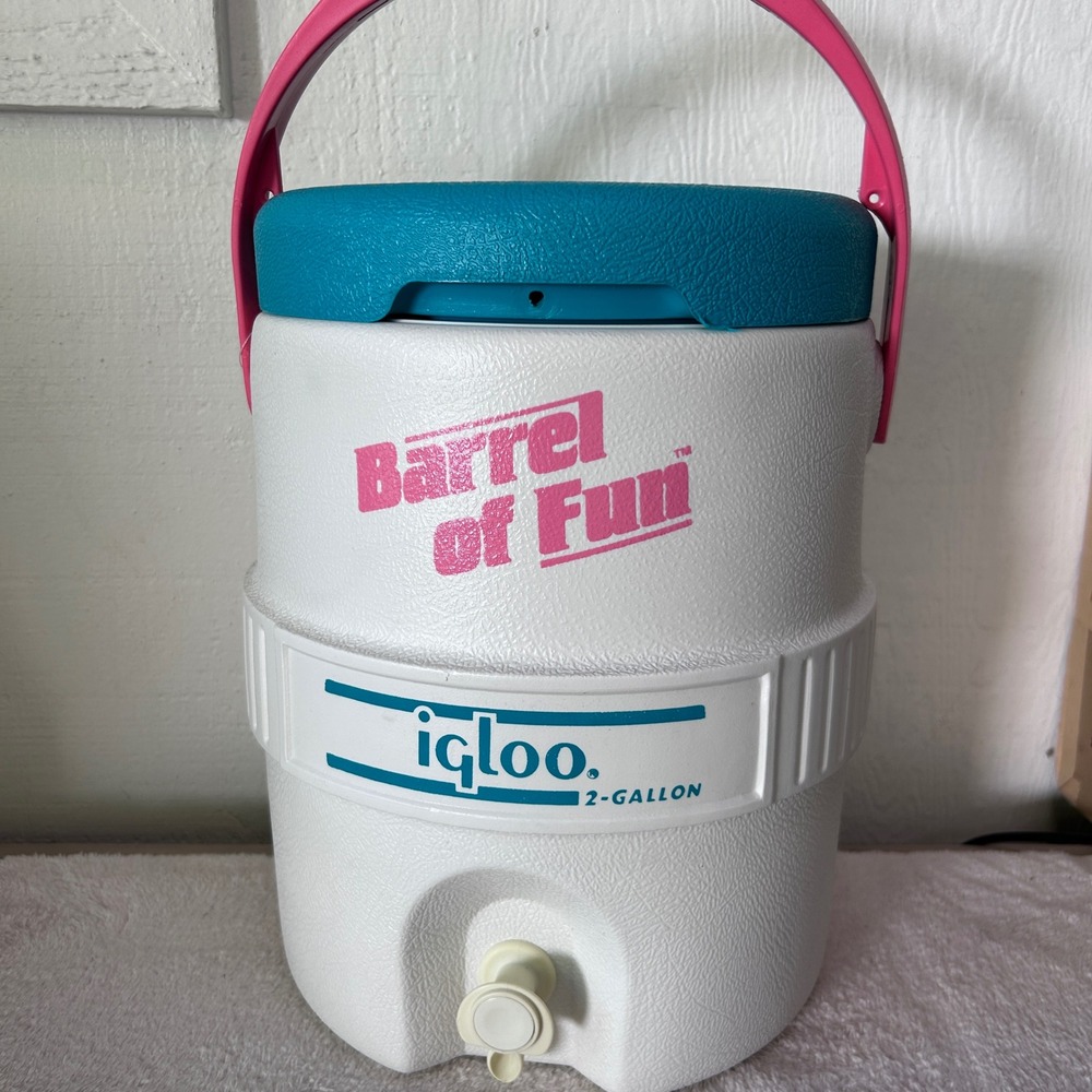 Vintage Igloo Barrel of Fun 2 Gallon Water Cooler Jug Pink Teal White Retro 90s